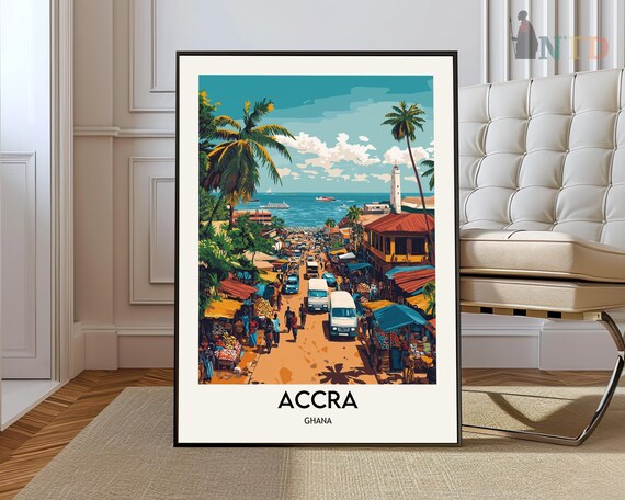 Accra Ghana Bustling Beachfront Market Street Ocean City Travel Poster