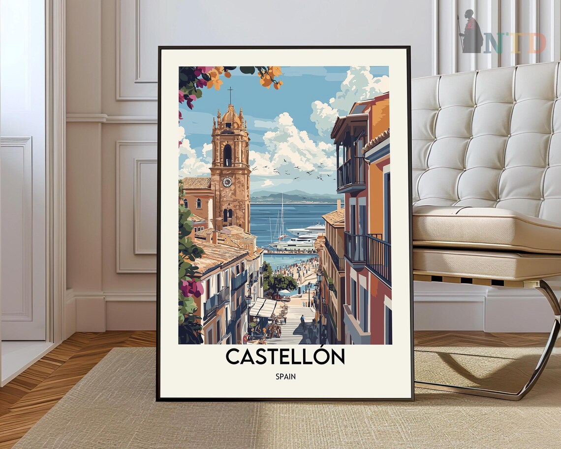 Castellón Spain Old Town Church Tower Marina Seaside Travel Poster