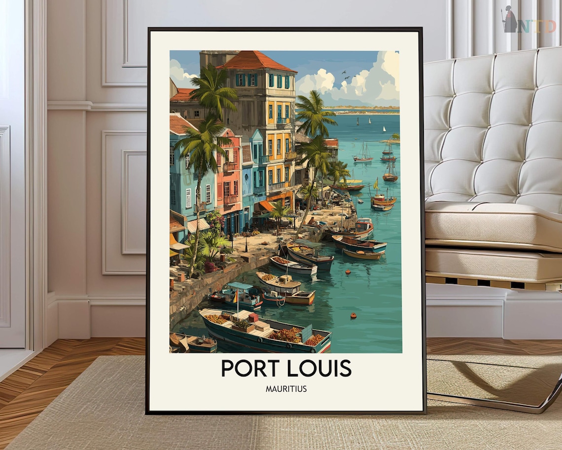 Port Louis Mauritius Poster with Harbor Boats and Colonial Buildings