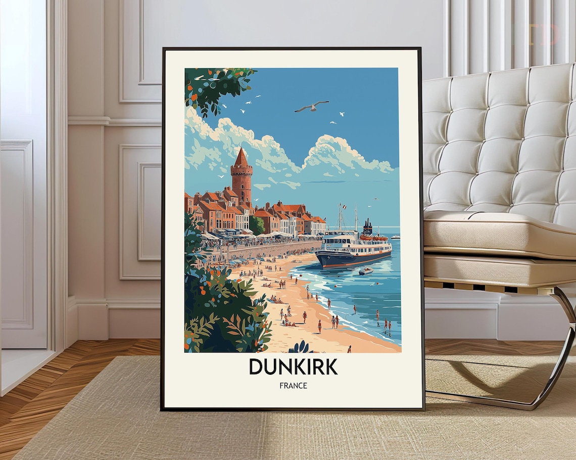 Dunkirk France Sandy Beach Sailboat Bell Tower Beach Travel Poster