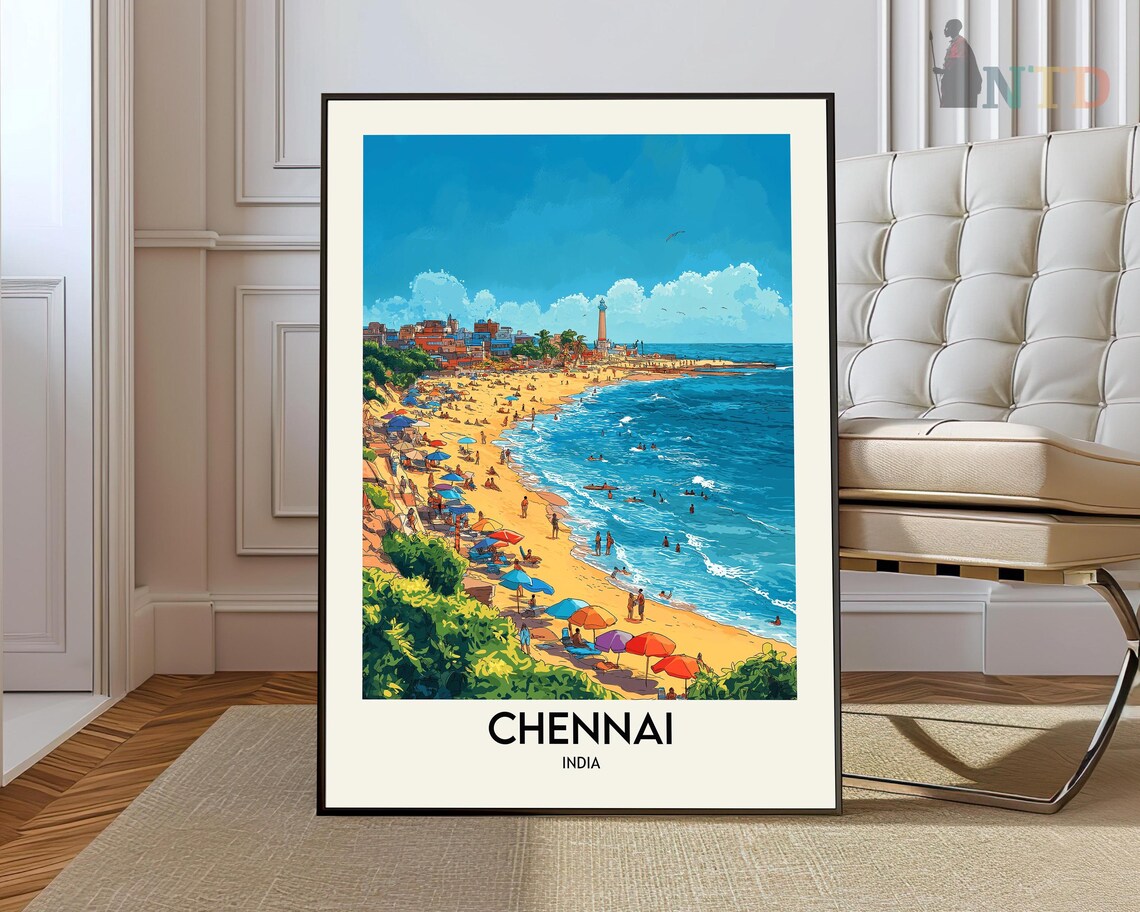 Chennai India Vibrant Sunny Beach Umbrellas Coastline Travel Poster