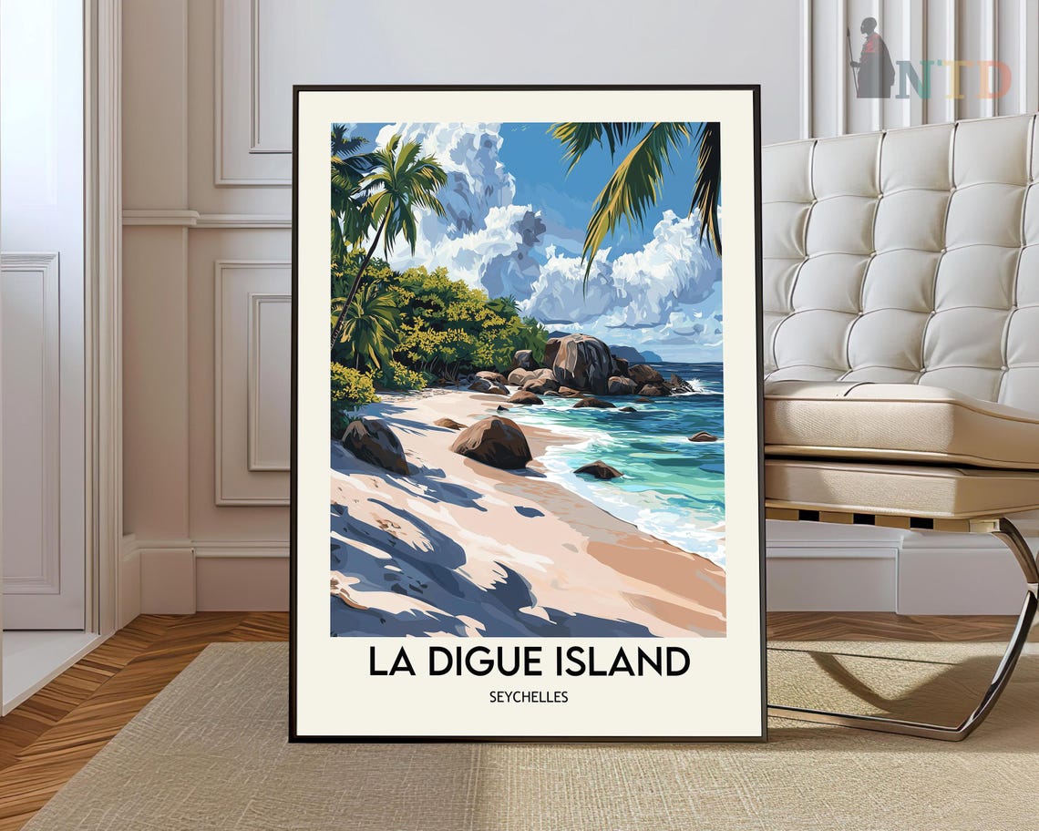 La Digue Island Seychelles Travel Poster with Granite Boulders