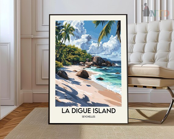 La Digue Island Seychelles Travel Poster with Granite Boulders