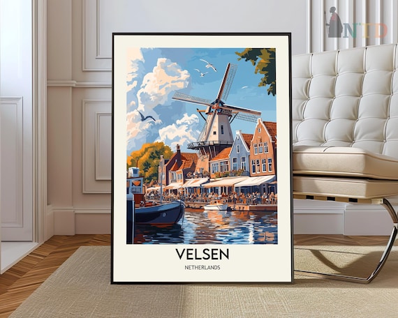 Velsen Netherlands Windmill Harbor Boats Travel Scene Poster