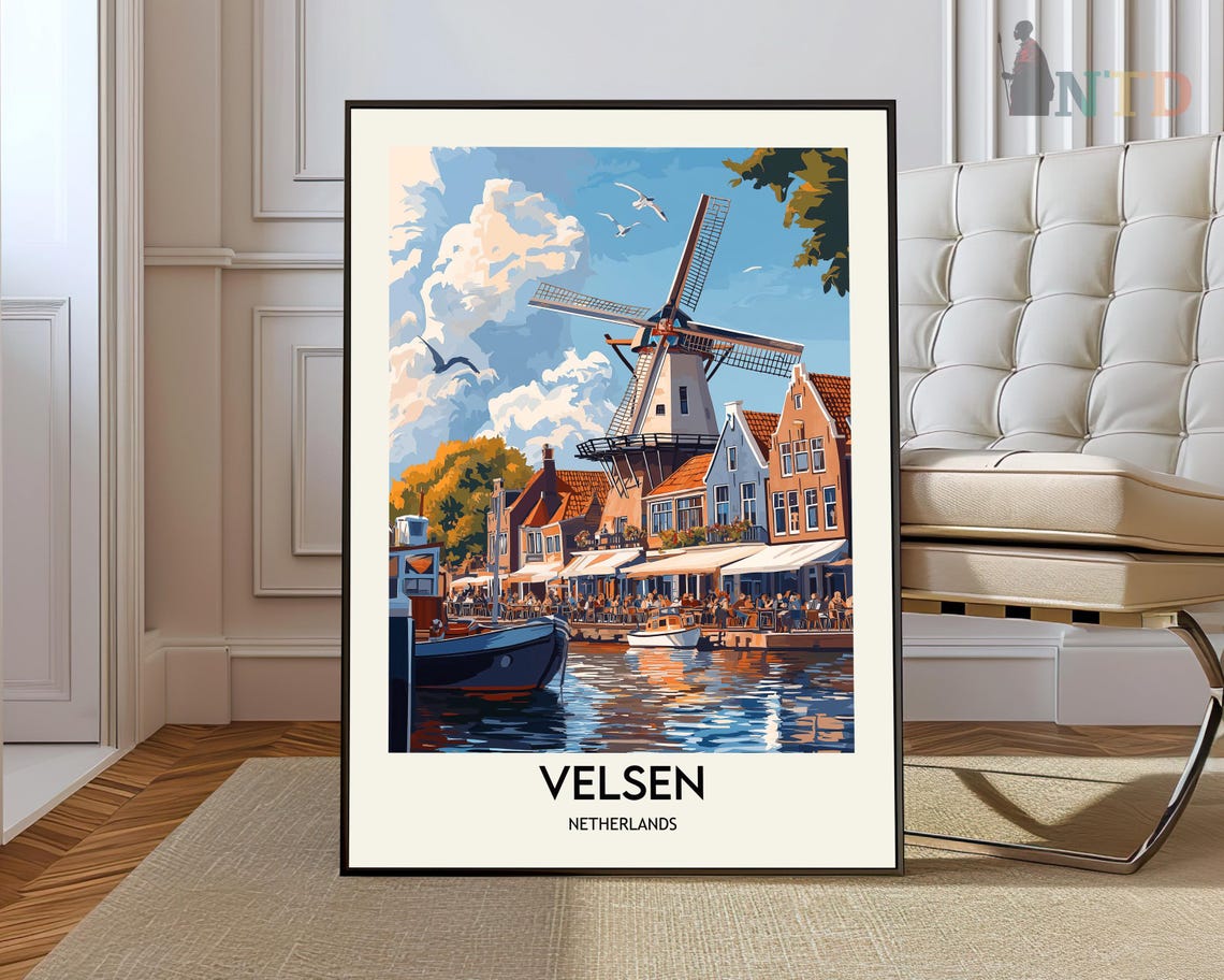 Velsen Netherlands Windmill Harbor Boats Travel Scene Poster