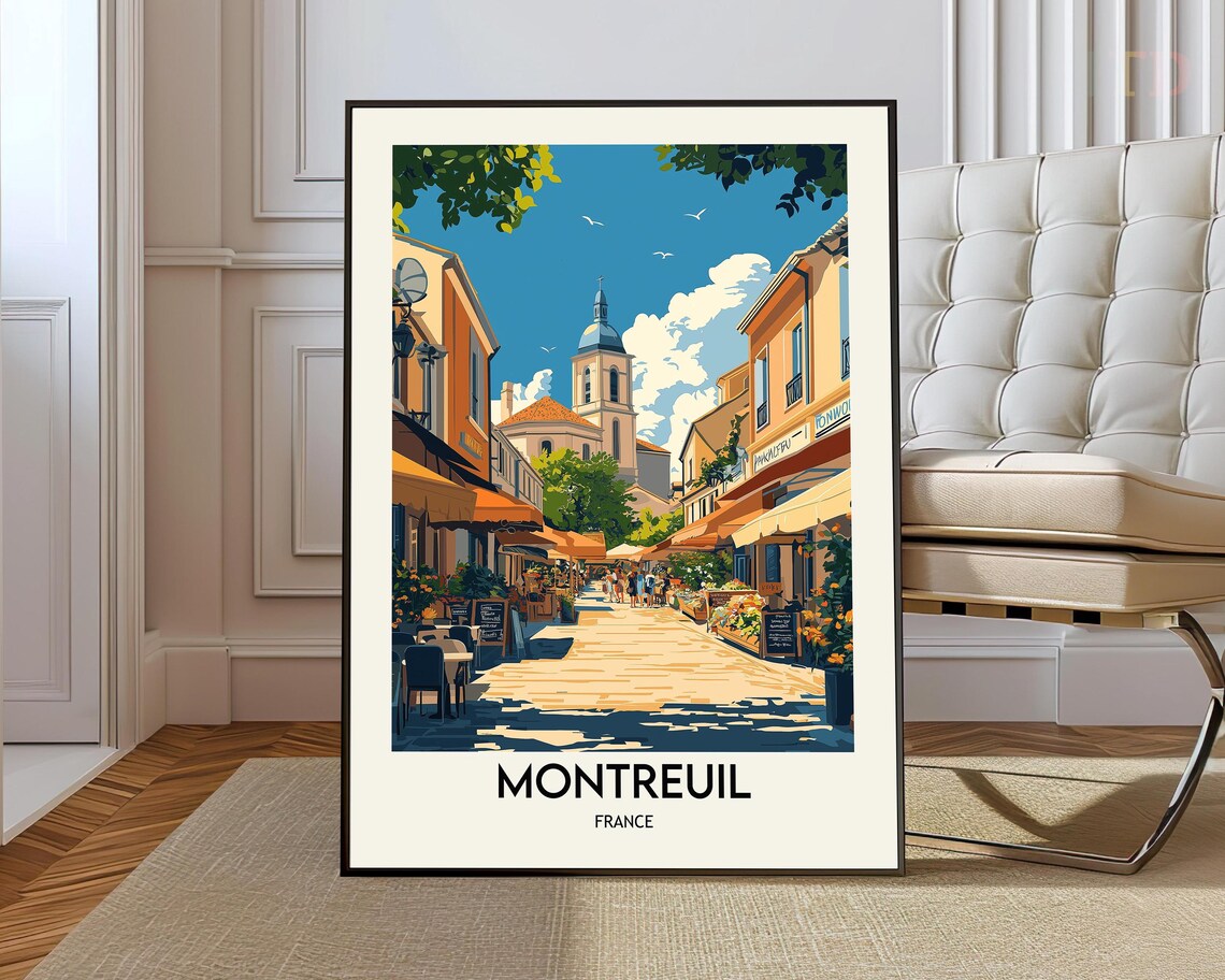 Montreuil France Sunlit Cafe Street Poster with Bell Tower View Art