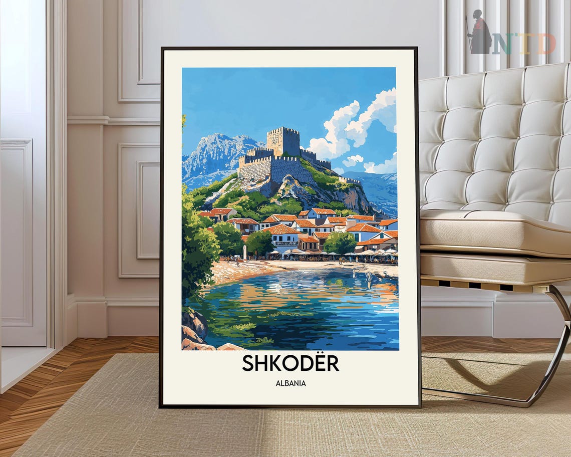 SHKODËR Albania Castle Over Lake Old Town Waterfront Travel Poster