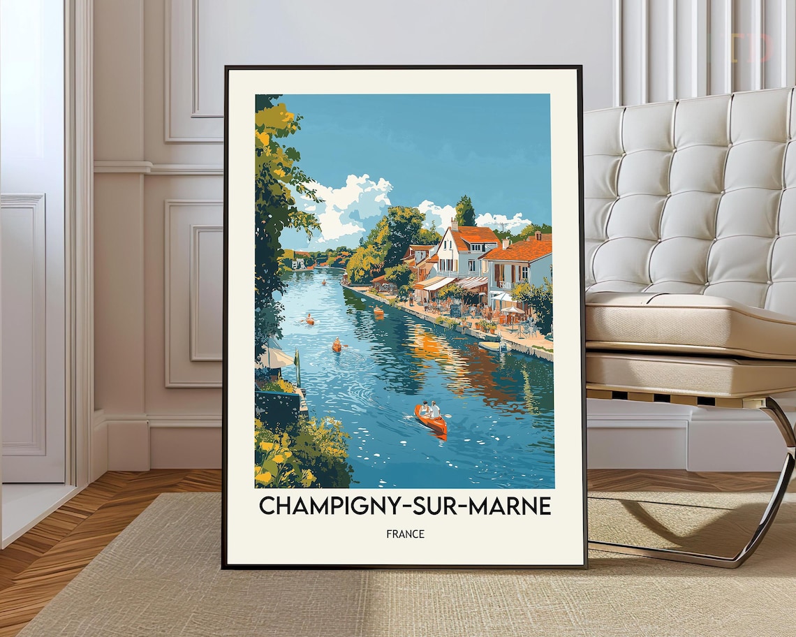 Champigny sur Marne France River Kayak Houses Retro Travel Poster