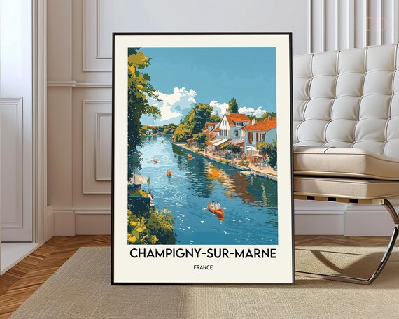 Champigny sur Marne France River Kayak Houses Retro Travel Poster