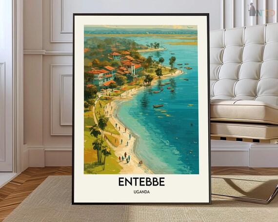 Entebbe Uganda Lakeside Beach Aerial Vintage Travel Poster Art