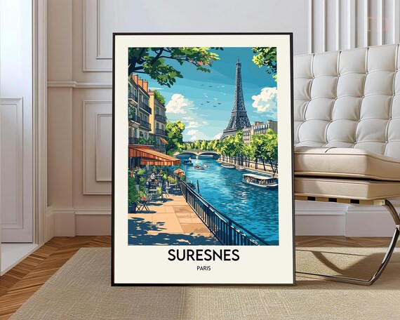 Suresnes Paris Eiffel Tower Seine Riverside Cafe Scene Travel Poster