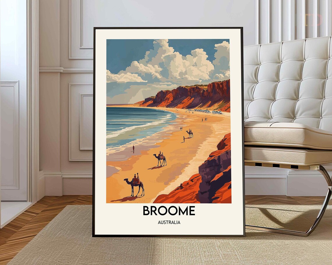 Broome Australia Camel Beach Red Cliffs Vintage Seaside Travel Poster