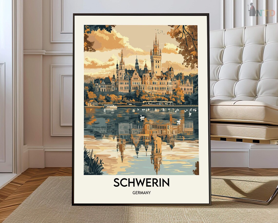 Schwerin Castle Germany Golden Vintage Travel Poster Decor Art
