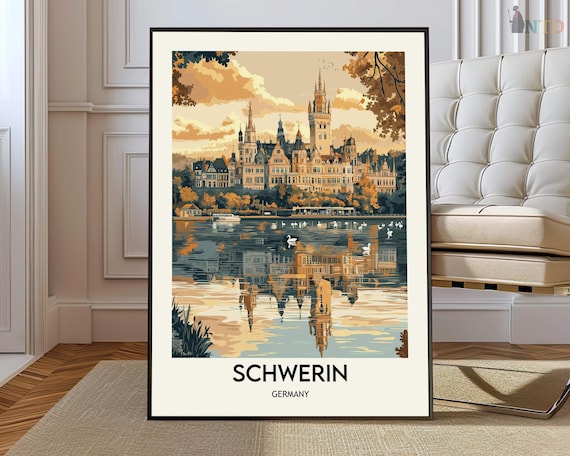 Schwerin Castle Germany Golden Vintage Travel Poster Decor Art