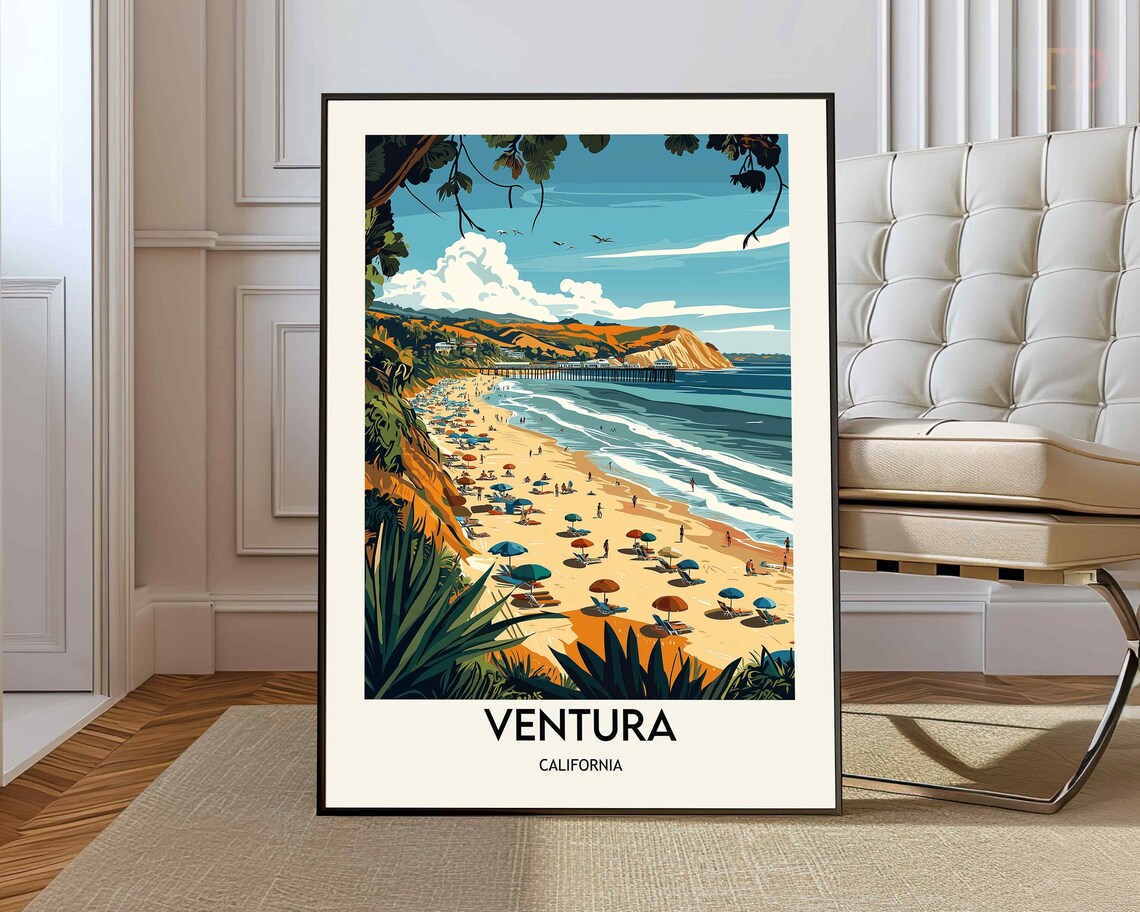 Ventura California Beach Pier Umbrellas Summer Travel Poster