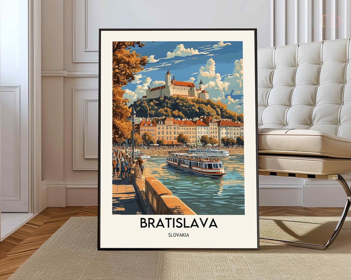 Bratislava Slovakia Castle Riverfront Boat Scene Travel Poster