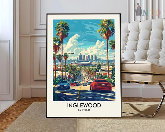 Inglewood California Palm Lined Street Skyline Travel Poster