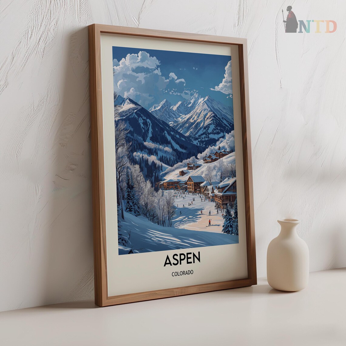 Snowy Village and Ski Slopes Aspen Colorado Winter Travel Poster - Image 2