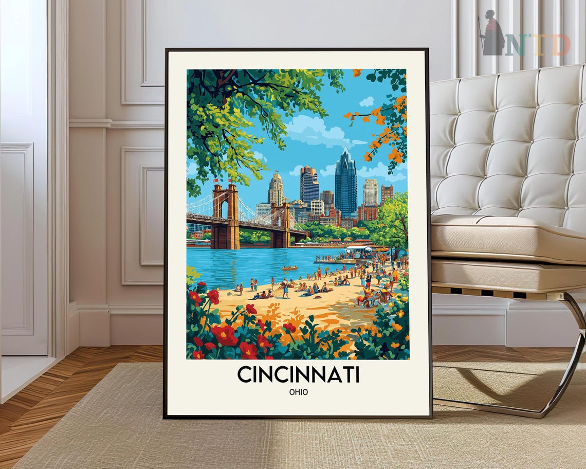 Cincinnati Ohio Suspension Bridge River Beach Skyline Summer Poster