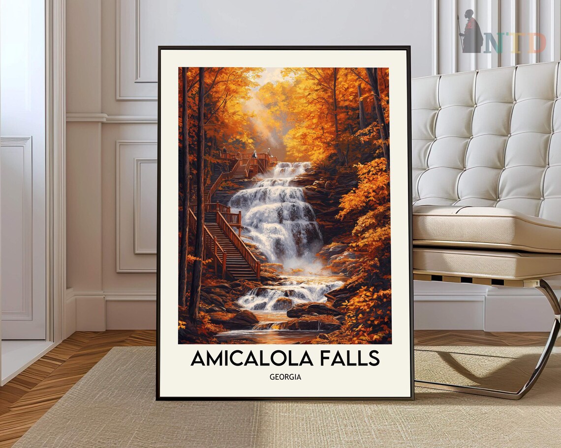 Amicalola Falls Autumn Cascades and Wooden Staircase Close View Poster