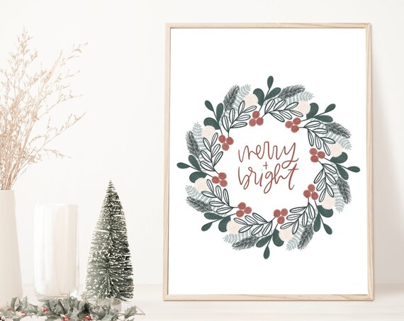 Merry And Bright Leafy Wreath Minimal Christmas Greenery Poster