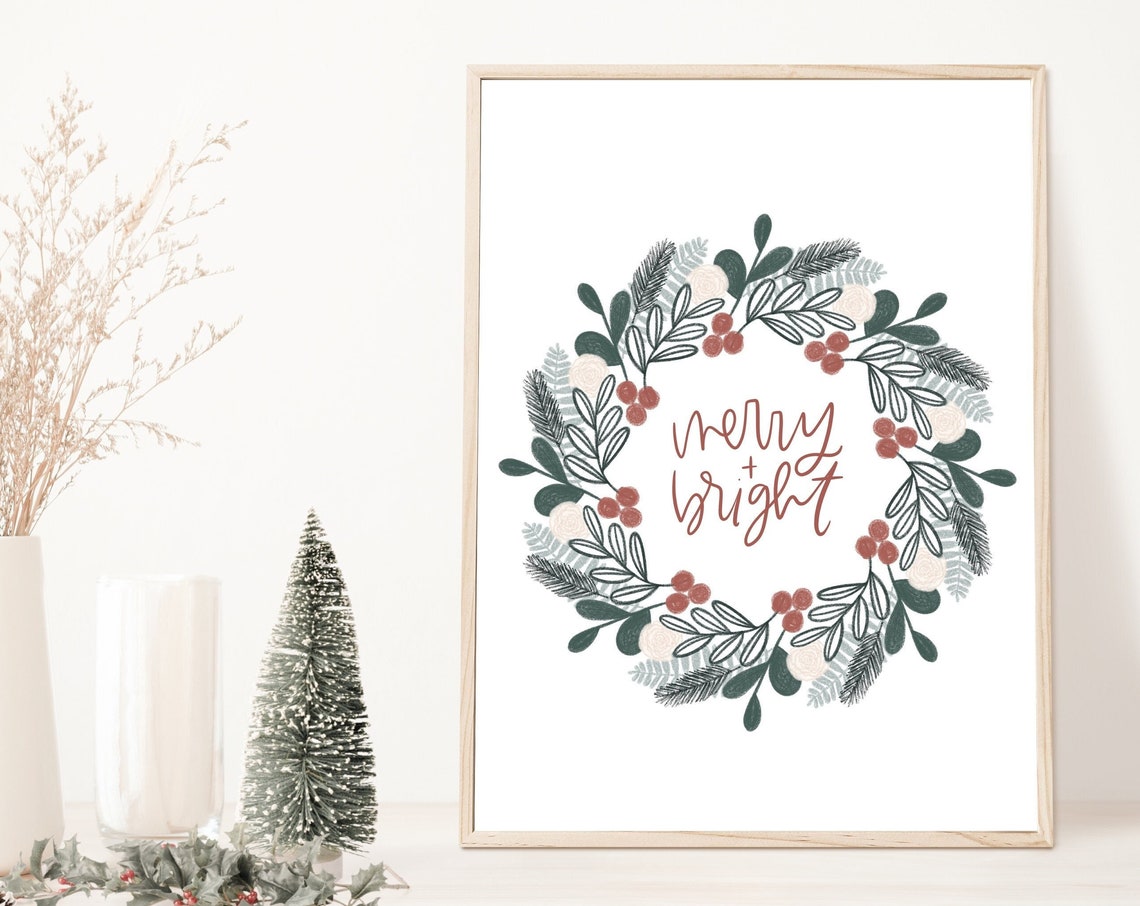 Merry And Bright Leafy Wreath Minimal Christmas Greenery Poster