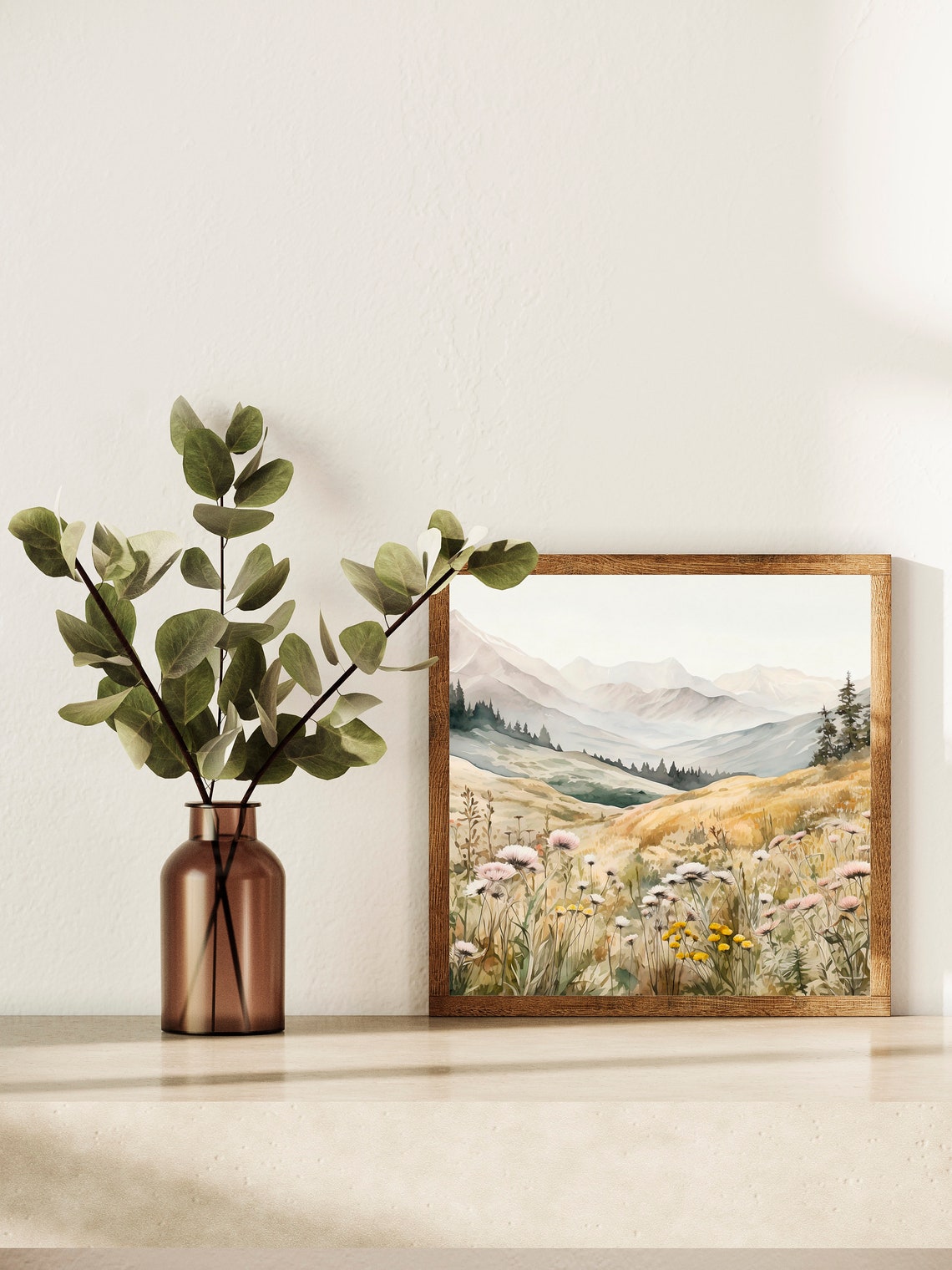 Golden Wildflower Meadow Distant Mountain Peaks Watercolor Poster - Image 5