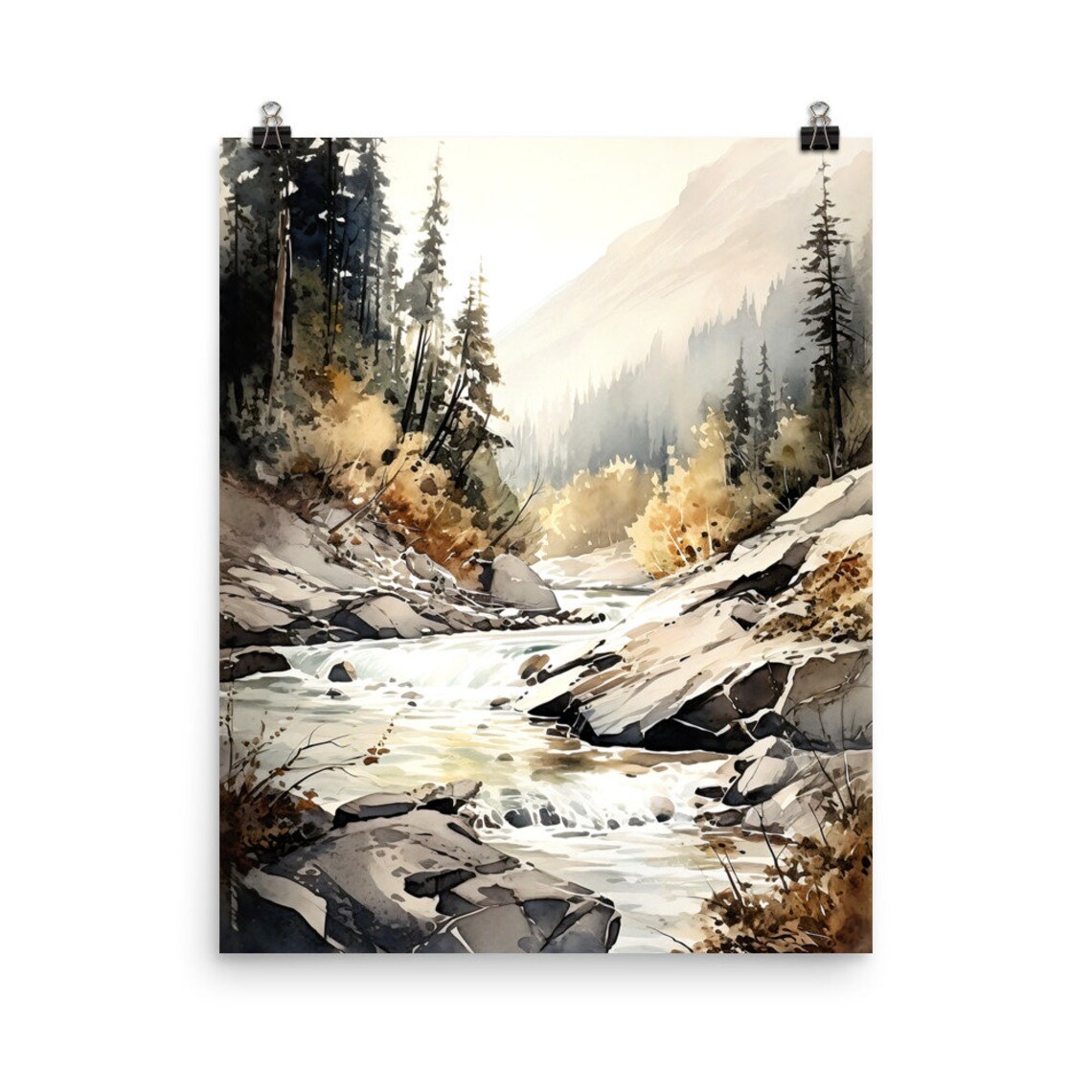 Autumn Mountain River Rocky Banks Watercolor Nature Art Poster - Image 5