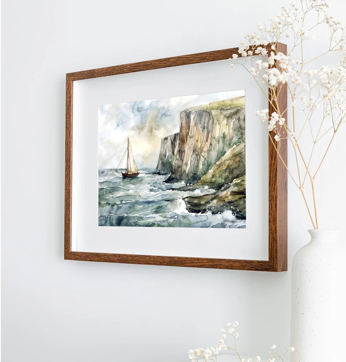 Sailboat By Tall Sea Cliffs Gray Waves Watercolor Nautical Poster - Image 4