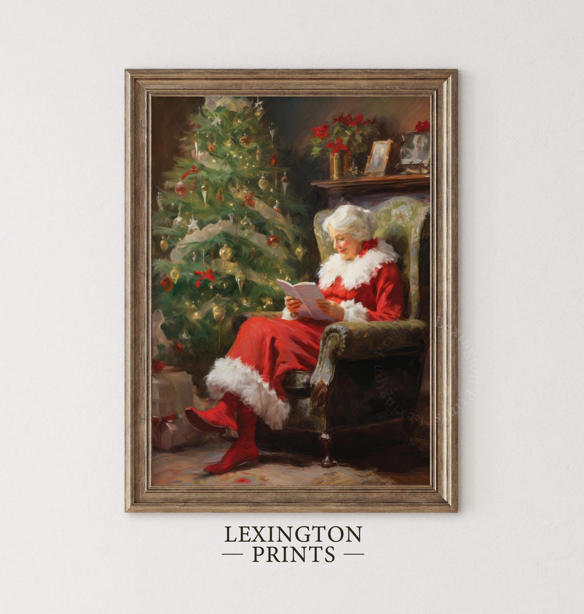 Mrs Claus Reading by the Christmas Tree Vintage Scene Poster - Image 4