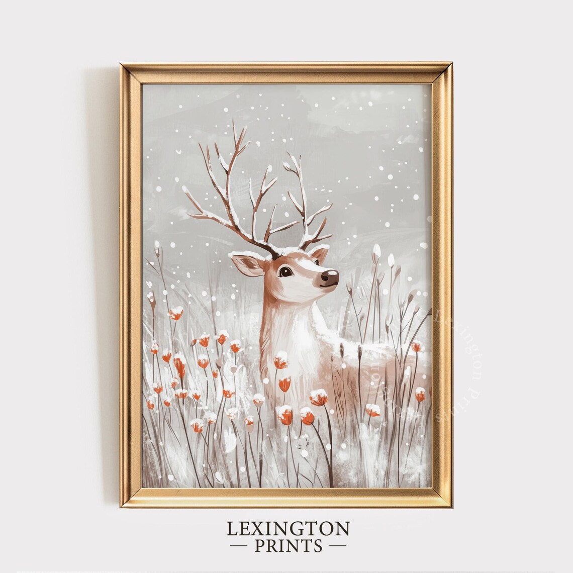 Young Deer Snowy Winter Field Illustrated Wildlife Painting Poster - Image 6
