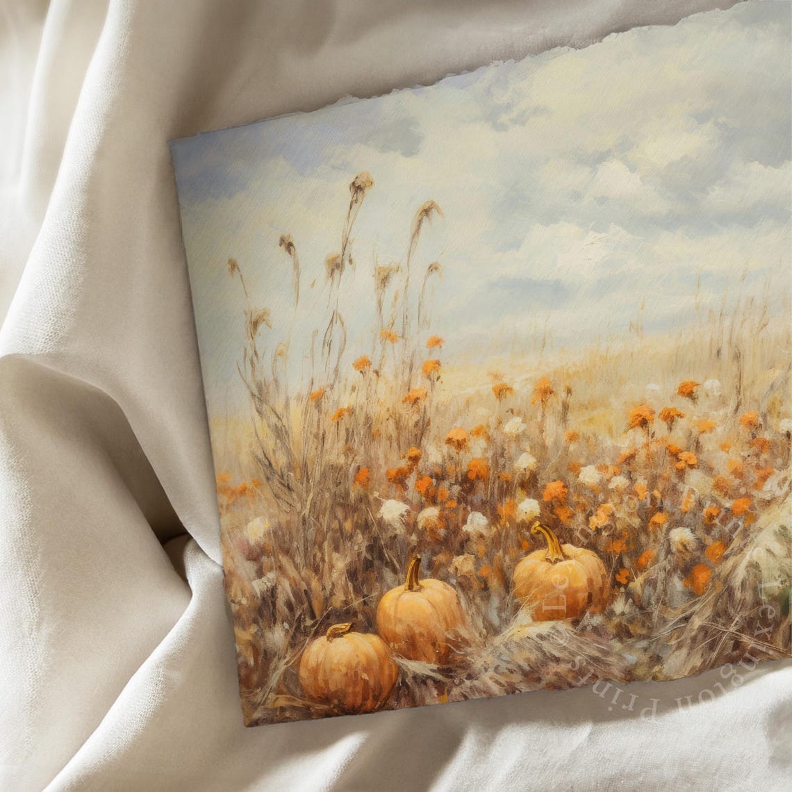Pumpkin Patch in Autumn Field Under Cloudy Sky Fall Harvest Poster - Image 6