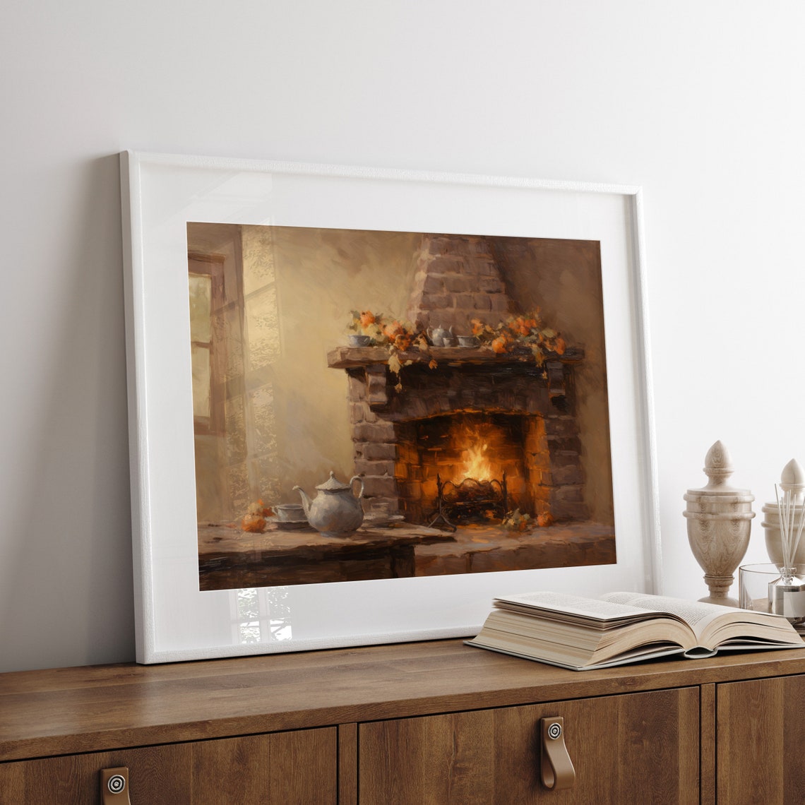 Stone Fireplace with Fire and Autumn Mantel Cozy Fall Interior Poster - Image 3
