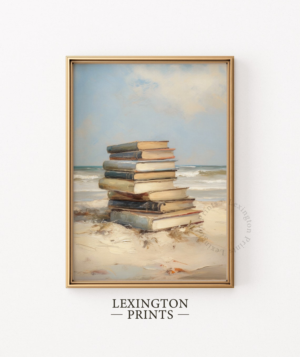 Stack of Vintage Books on Sandy Beach Ocean Painting Wall Art - Image 6