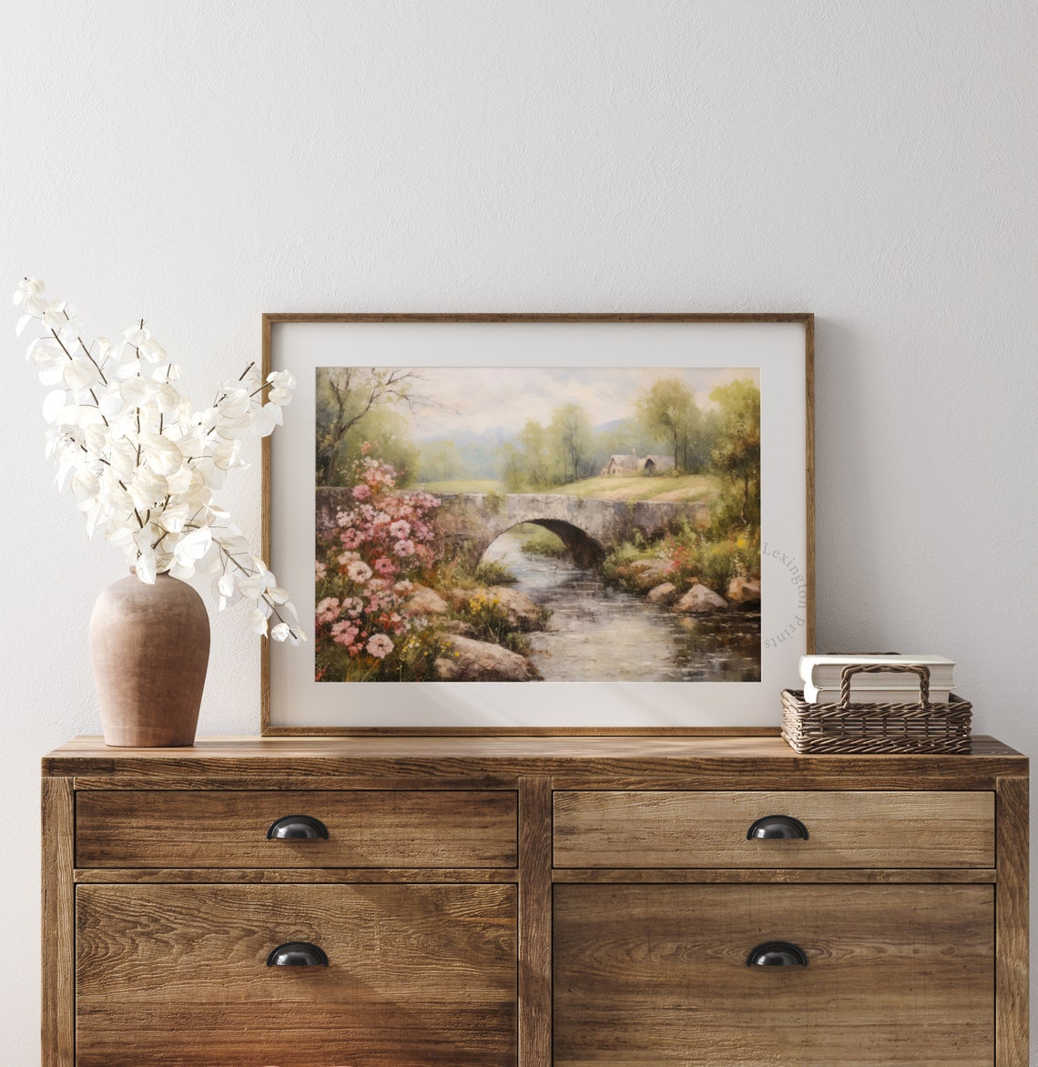 Stone Bridge Over a Stream Countryside Cottage Landscape Poster - Image 8