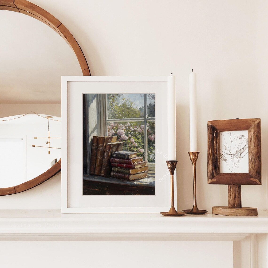 Antique Books on Windowsill Overlooking Rose Garden Still Life Print - Image 3