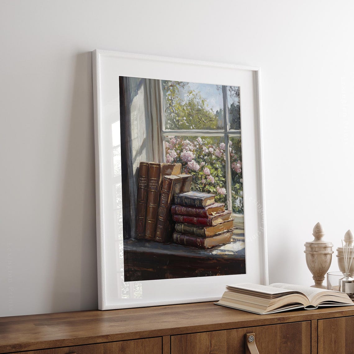 Antique Books on Windowsill Overlooking Rose Garden Still Life Print - Image 4