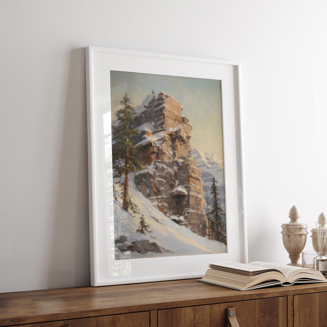Snowy Rocky Mountain Cliff Winter Pine Trees Moody Landscape Poster - Image 7