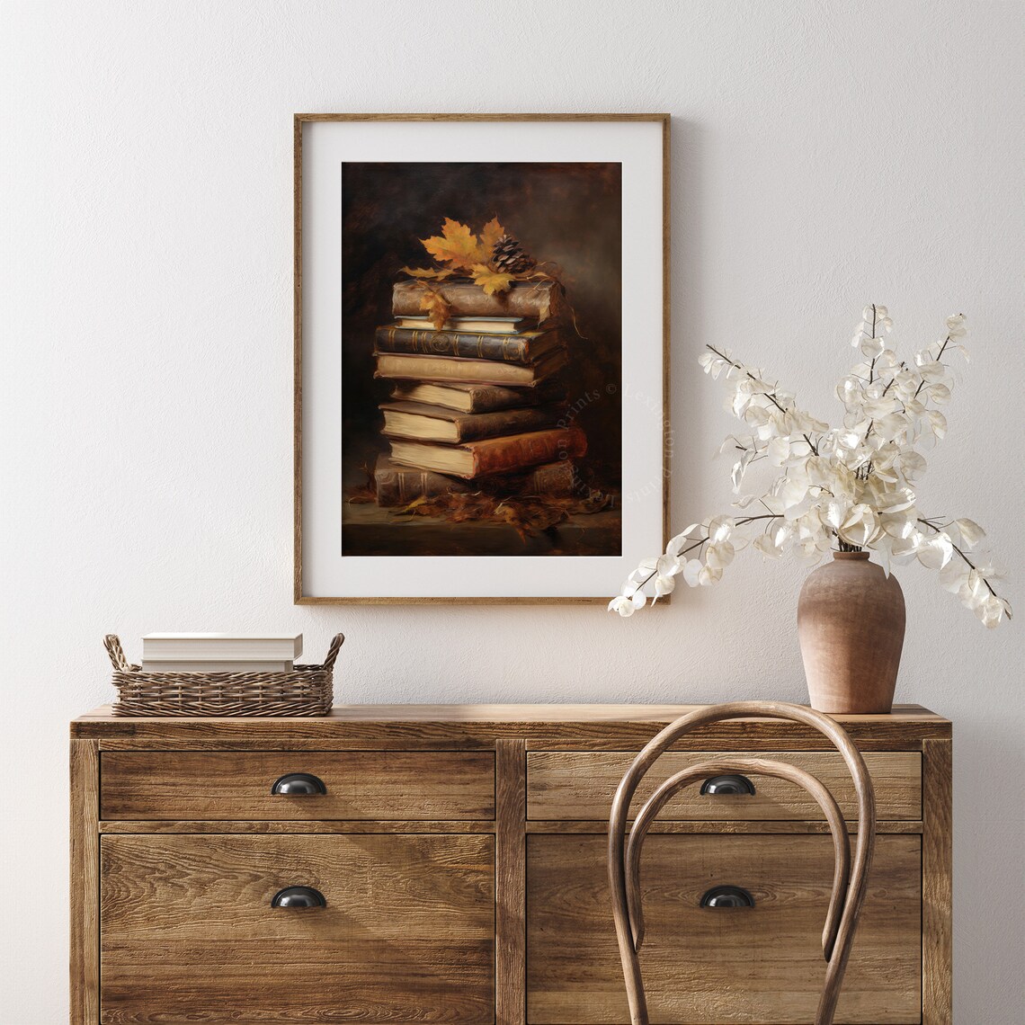 Stack of Old Books with Autumn Leaves Dark Still Life Poster - Image 6