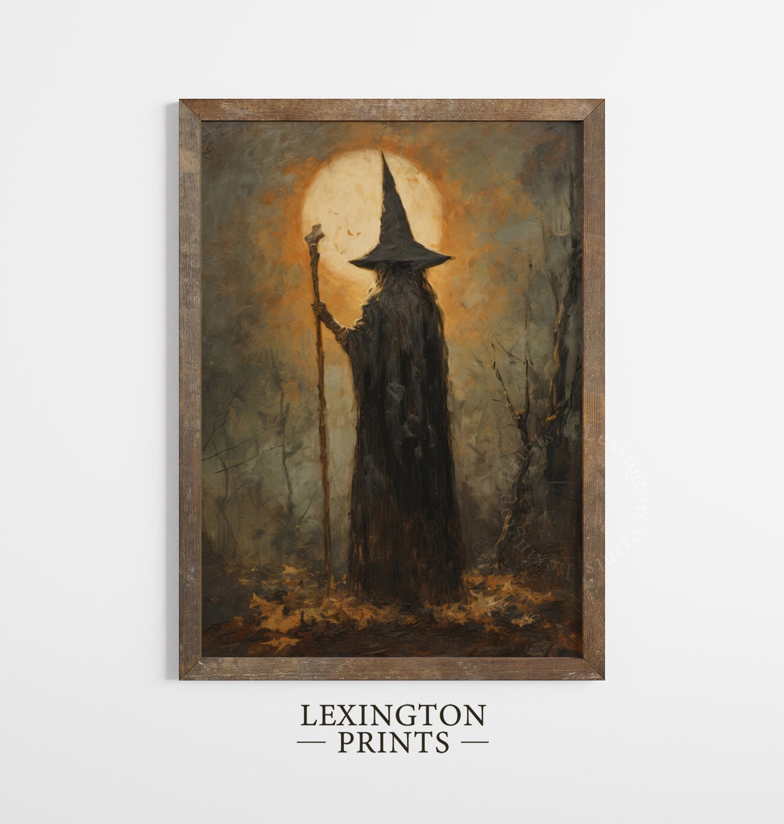 Mysterious Cloaked Wizard With Staff Standing Before Full Moon Poster - Image 7