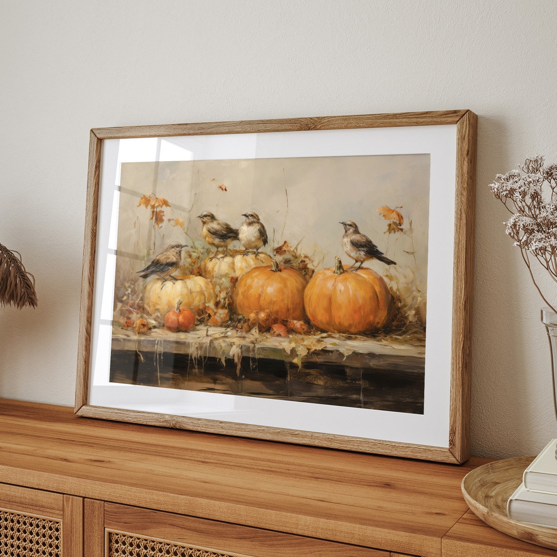 Birds Perched on Pumpkins on Wooden Table Autumn Bird Poster - Image 4