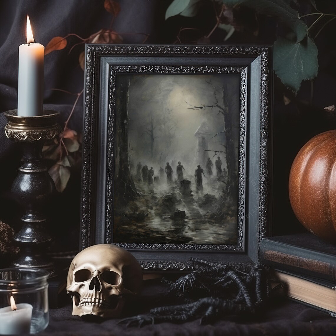 Ghostly Figures In Foggy Graveyard Misty Monastery Dark Gothic Painting Poster - Image 7
