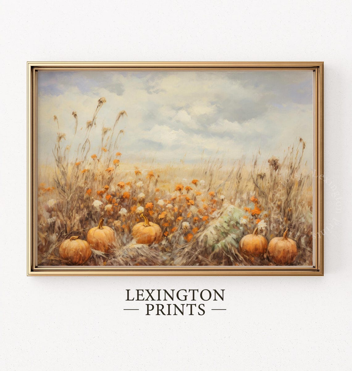 Pumpkin Patch in Autumn Field Under Cloudy Sky Fall Harvest Poster