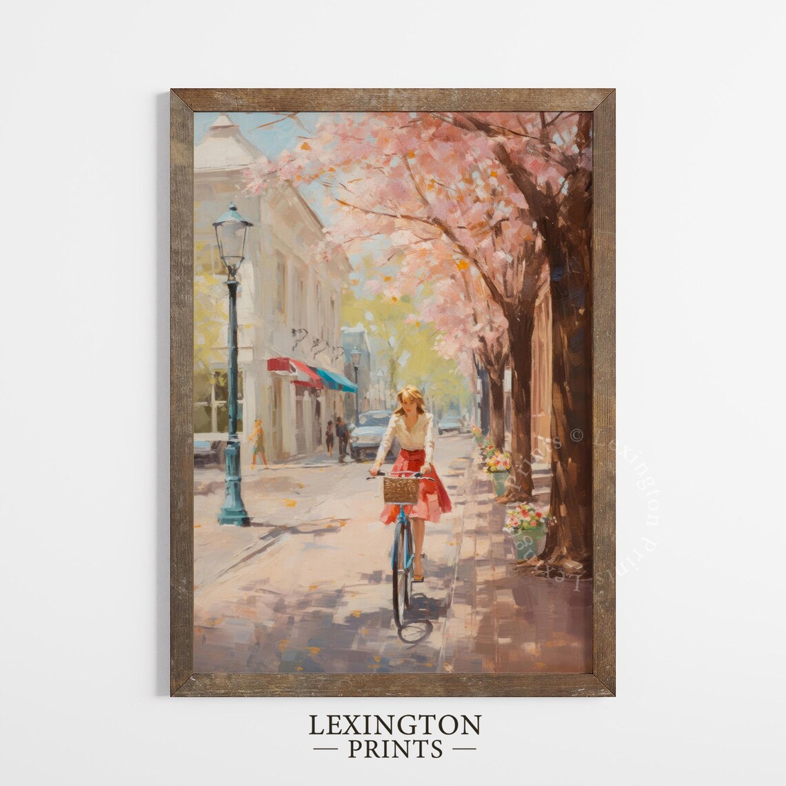 Woman Riding Bike Down Cherry Blossom Street Spring Town Wall Art - Image 5