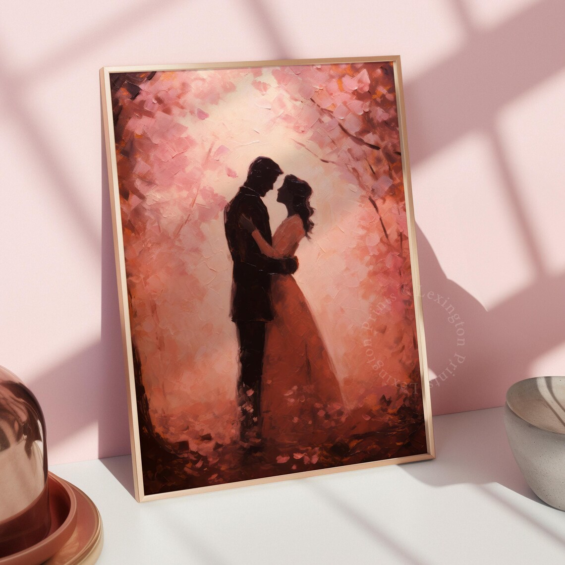 Romantic Couple Silhouette Embracing in Pink Blossom Trees Poster - Image 8