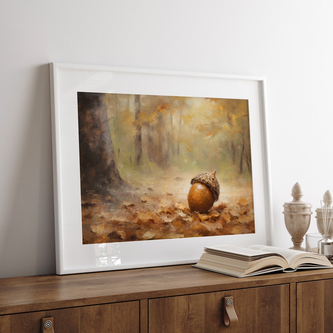Single Acorn on Autumn Leaves Misty Fall Forest Still Life Poster - Image 5