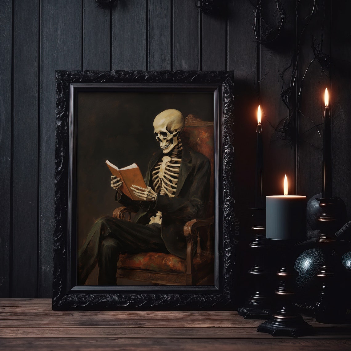 Skeleton Reading Book in Leather Armchair Moody Halloween Wall Art - Image 5