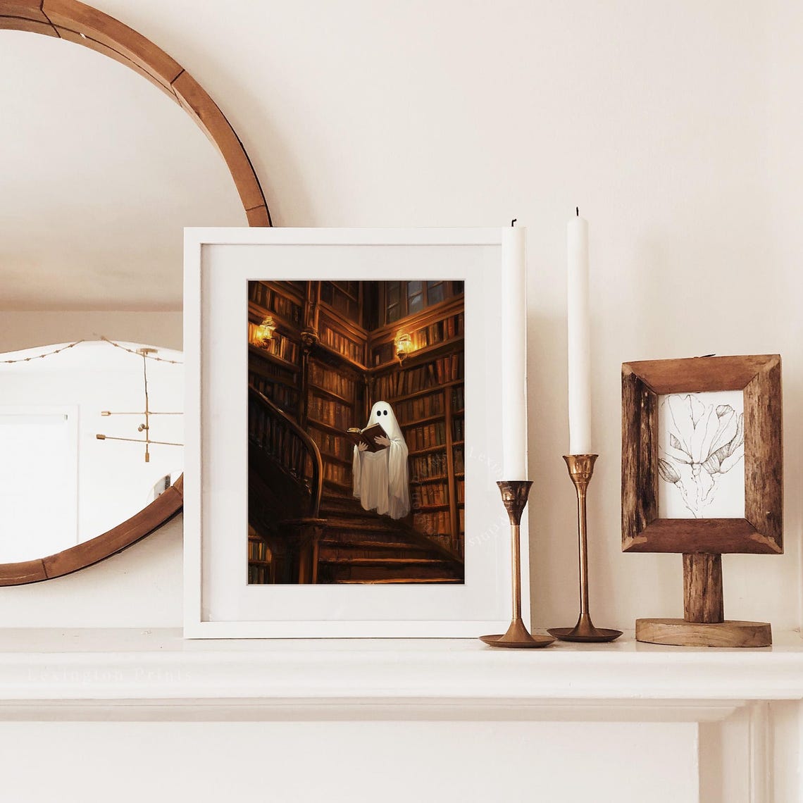 Cute Ghost Reading Book in Spooky Library Halloween Vintage Wall Art - Image 3