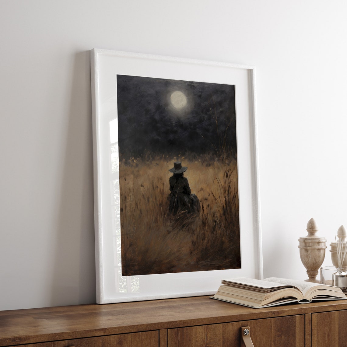 Woman in Wide Brim Hat under Full Moon in Night Field Poster - Image 7