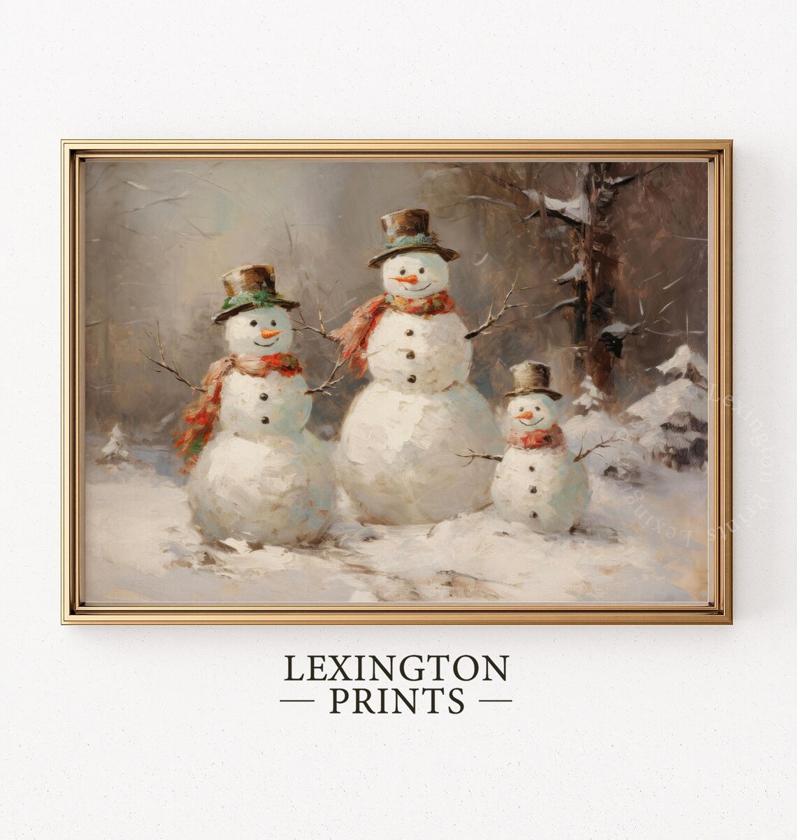 Snowman Family Trio Vintage Christmas Winter Oil Painting Poster - Image 5